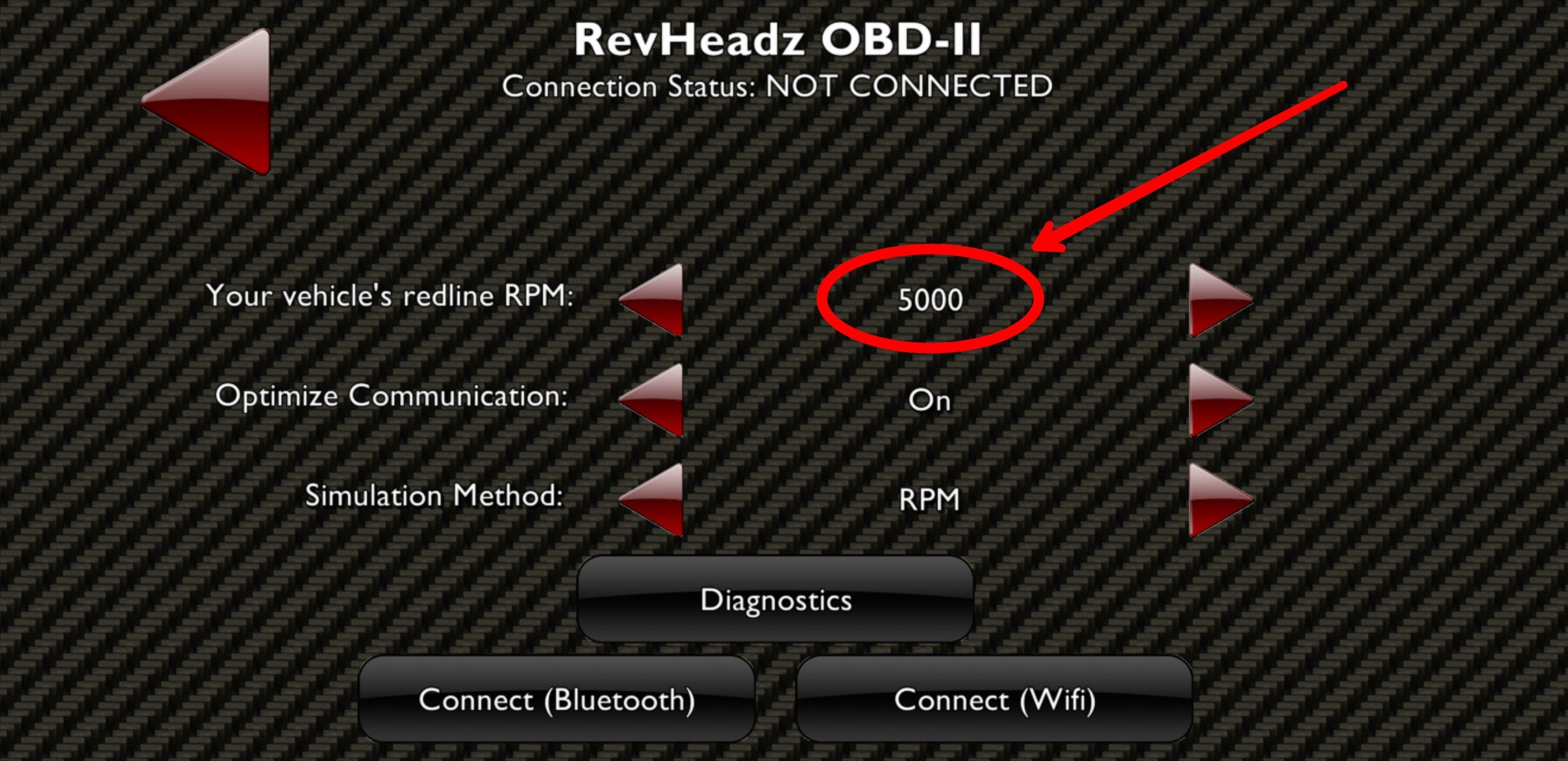 RevHeadz RPM configuration screen