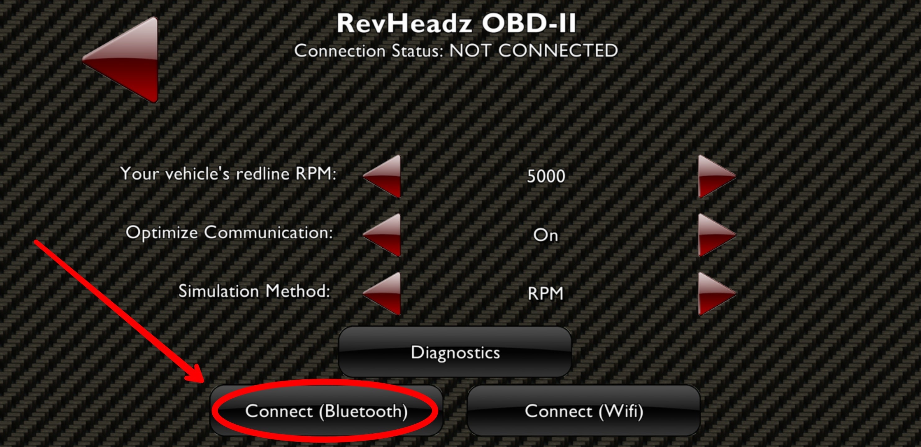 RevHeadz Bluetooth connection button